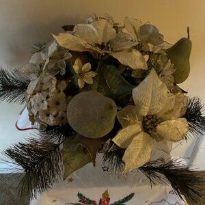 Silk Arrangement: White Poinsettias & Sugared Pears in Distressed Pedestal Bowl